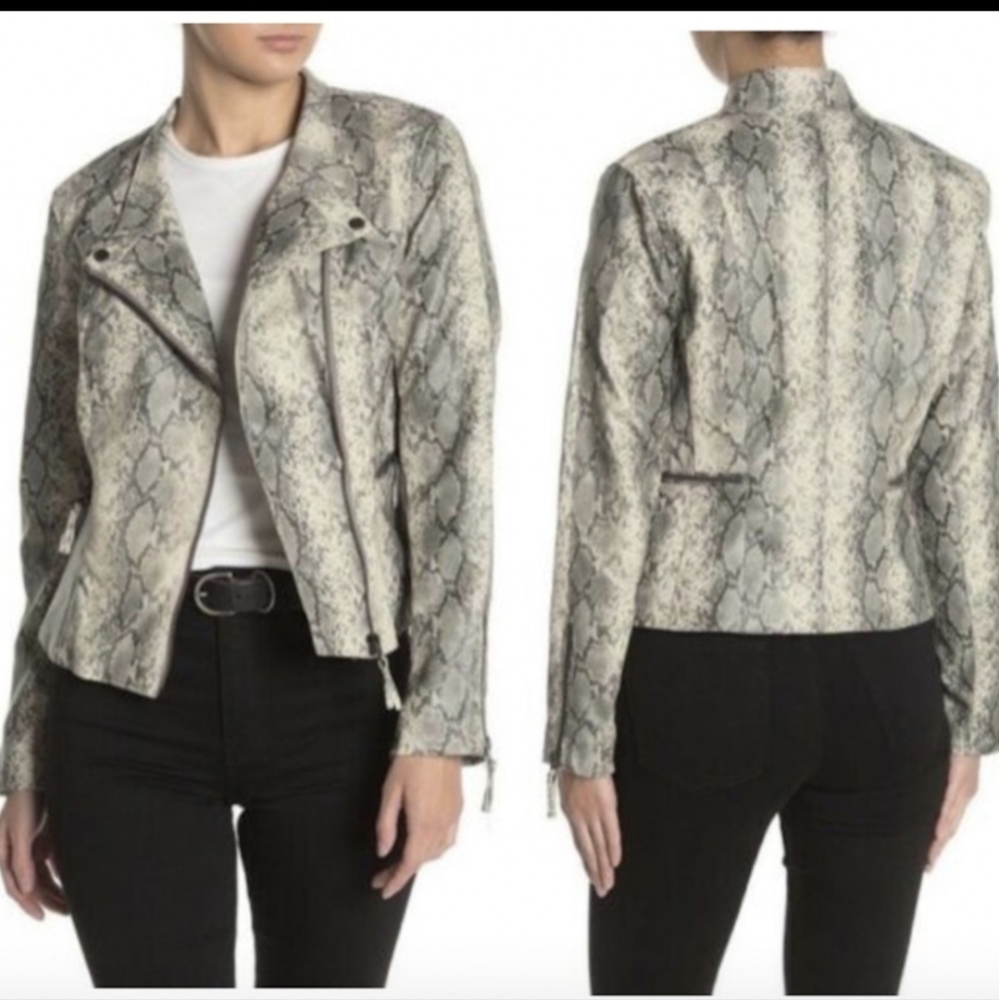 BLANK NYC Vegan Leather Snakeskin Print Moto Jacket Dark Cloud